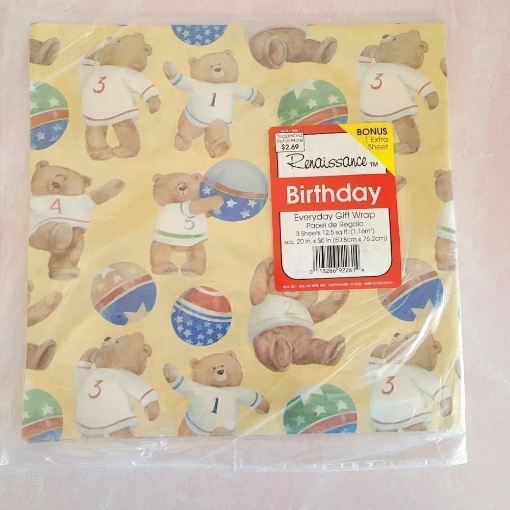 Teddy bear baseball wrapping paper sheets vintage